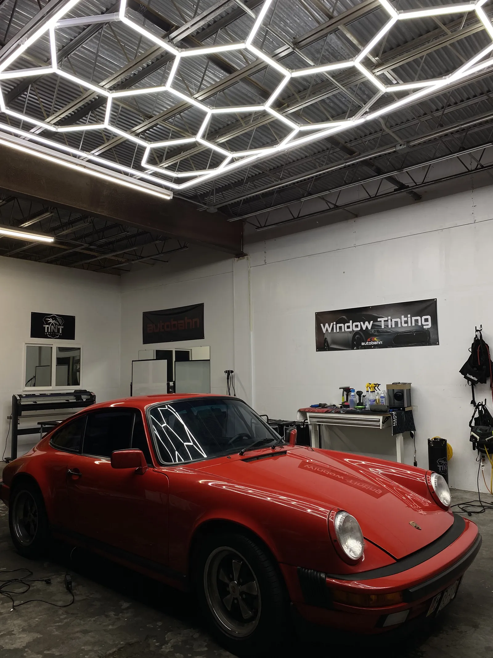 Classic Porsche 911 window tint in shop