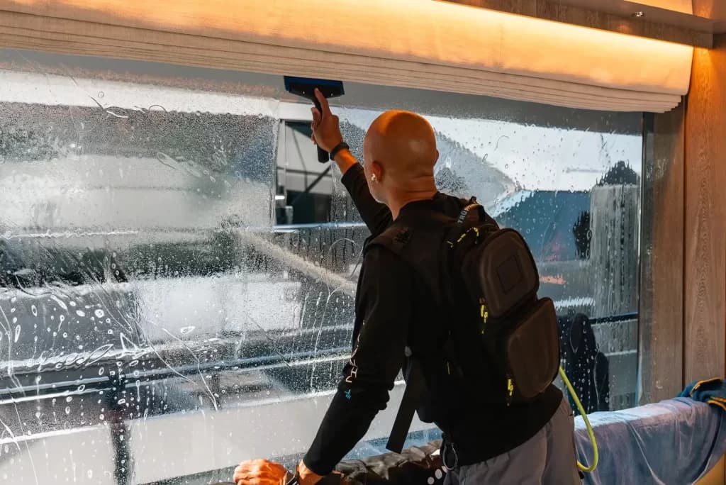 Installer applying tint to yacht cabin window