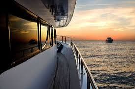 Yacht deck at sunset with tinted windows