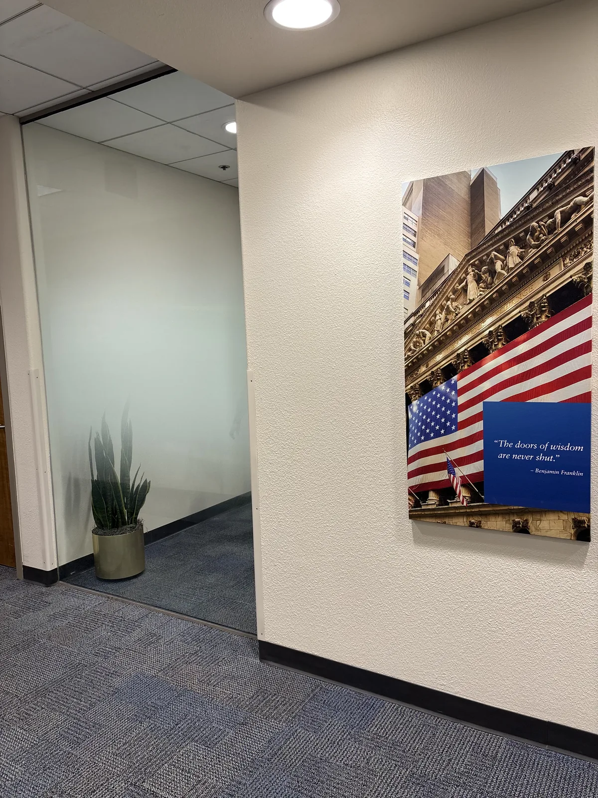 Office hallway with completed decorative film installation at Franklin Templeton